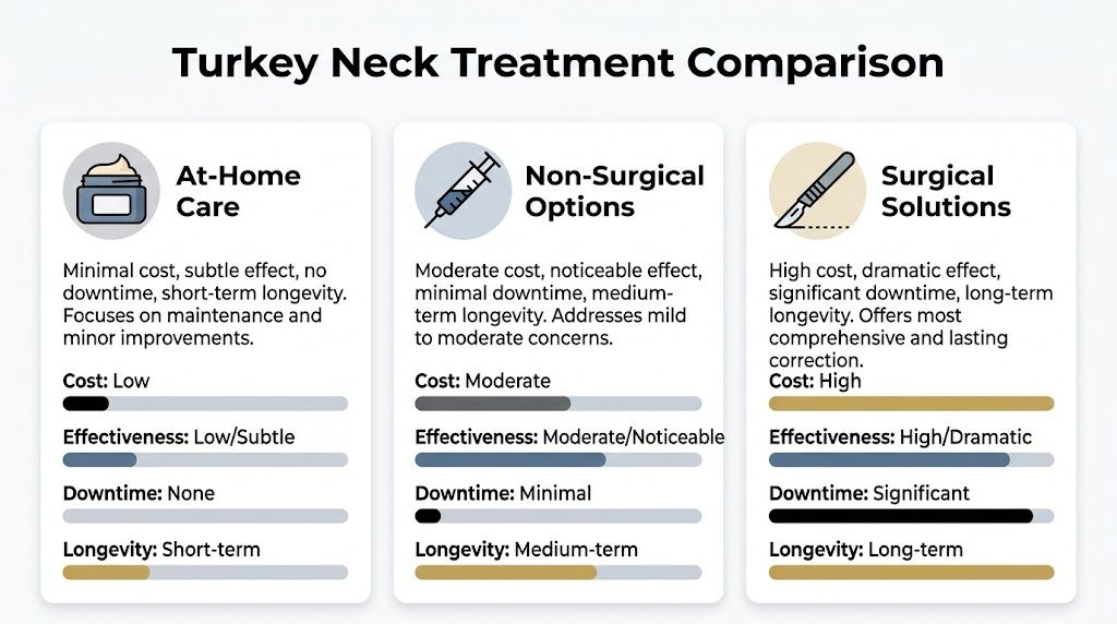 A comparison chart outlining at-home care, non-surgical, and surgical options for treating a turkey neck.