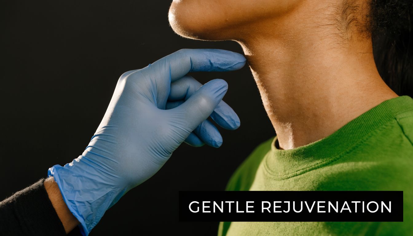 A professional with a blue medical glove examining the neck area of a patient for skin rejuvenation.