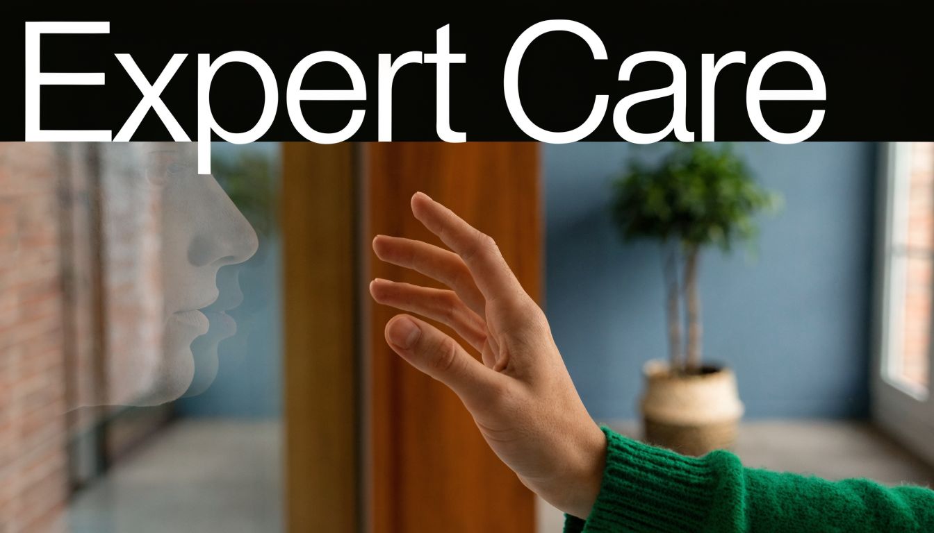 A person reaches out to touch their own reflection in a glass window with Expert Care text.