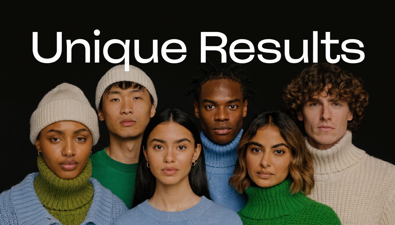 A diverse group of five young people posing together against a black background with the text Unique Results.
