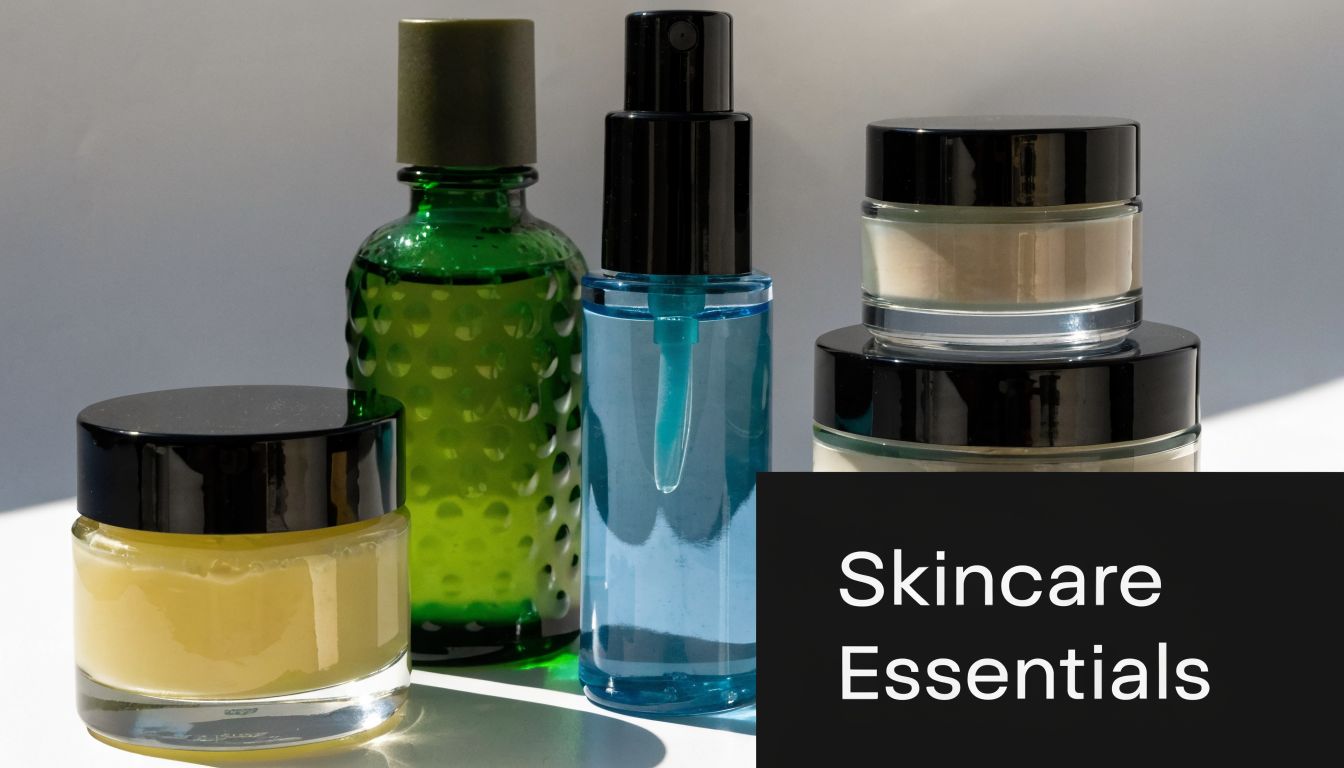 A collection of various skincare product containers including glass jars and bottles arranged on a surface.