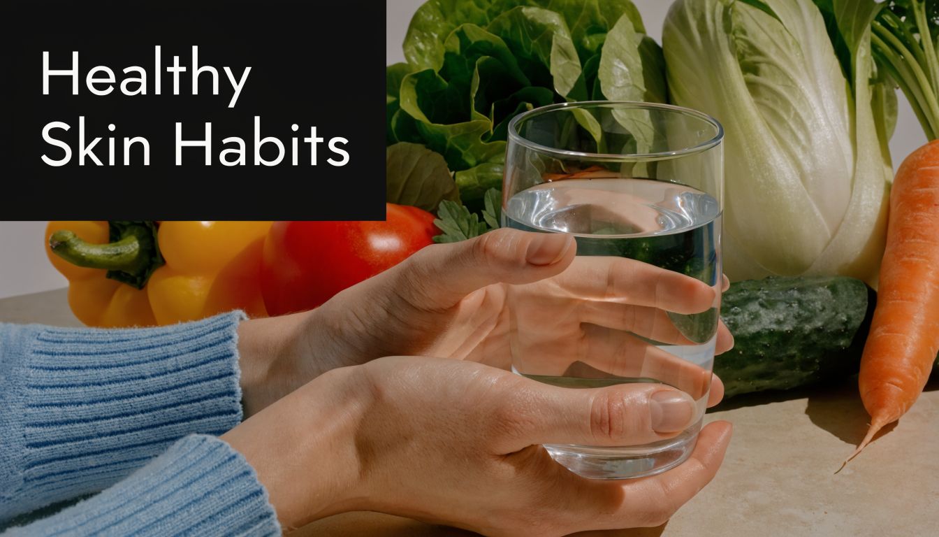 A person holding a glass of water surrounded by fresh vegetables to represent healthy skin habits.