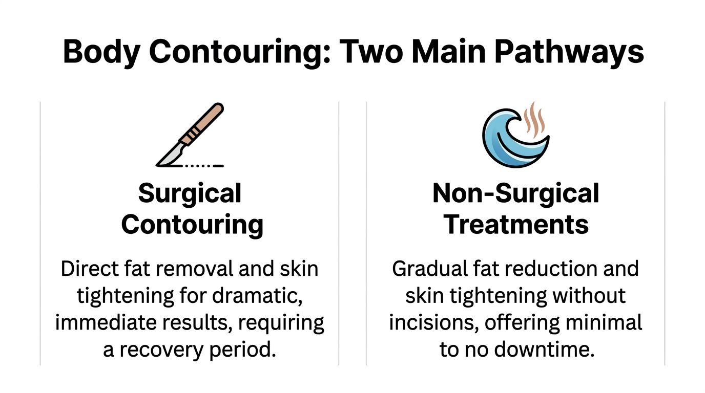 A comparison infographic showing surgical contouring versus non-surgical treatments for effective body transformation and fat reduction.