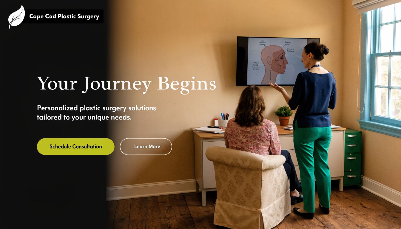 A professional consultation at Cape Cod Plastic Surgery showing a provider explaining facial procedures to a patient.
