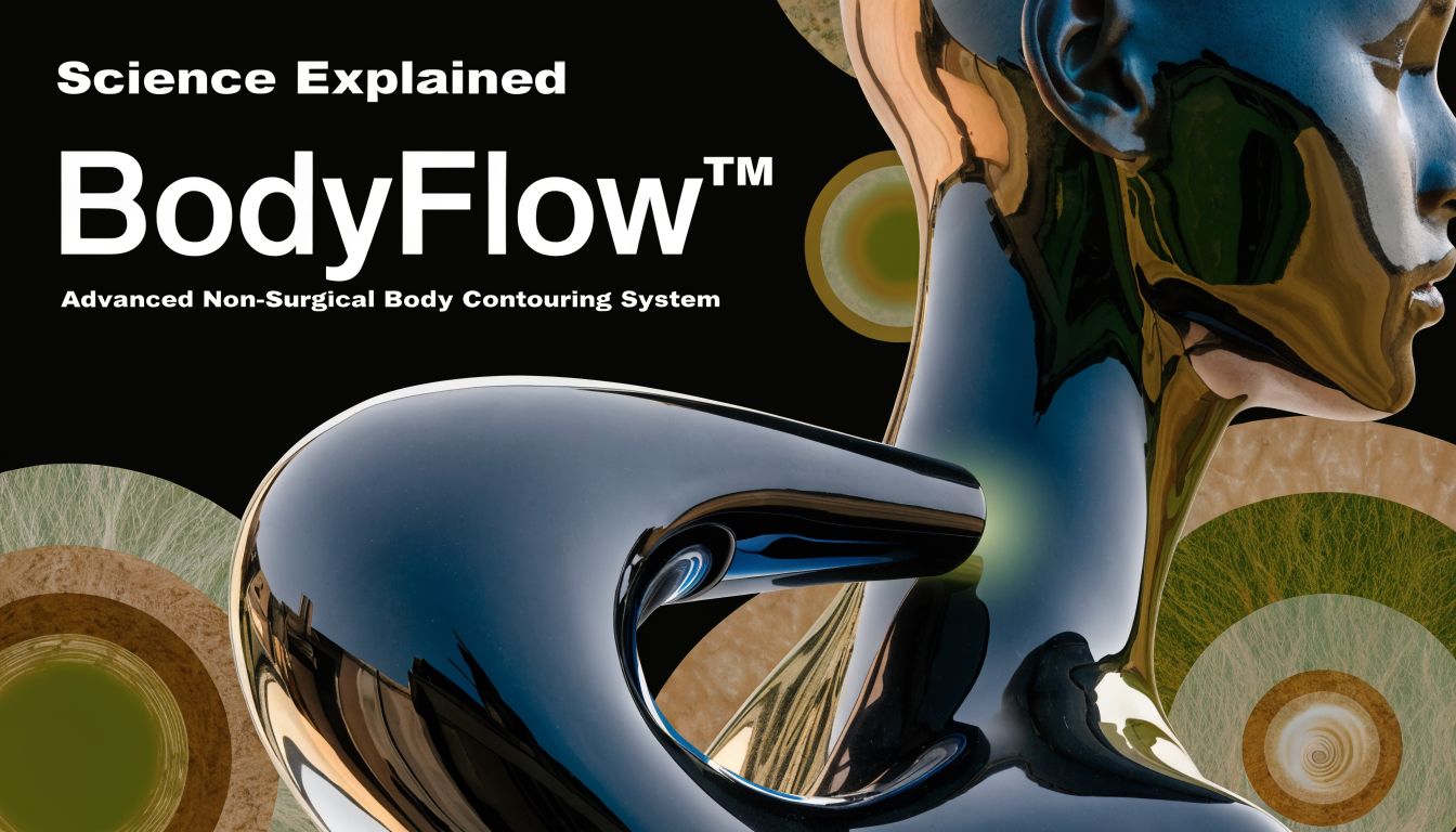 A glossy 3D render representing BodyFlow advanced non-surgical body contouring science with abstract organic background elements.