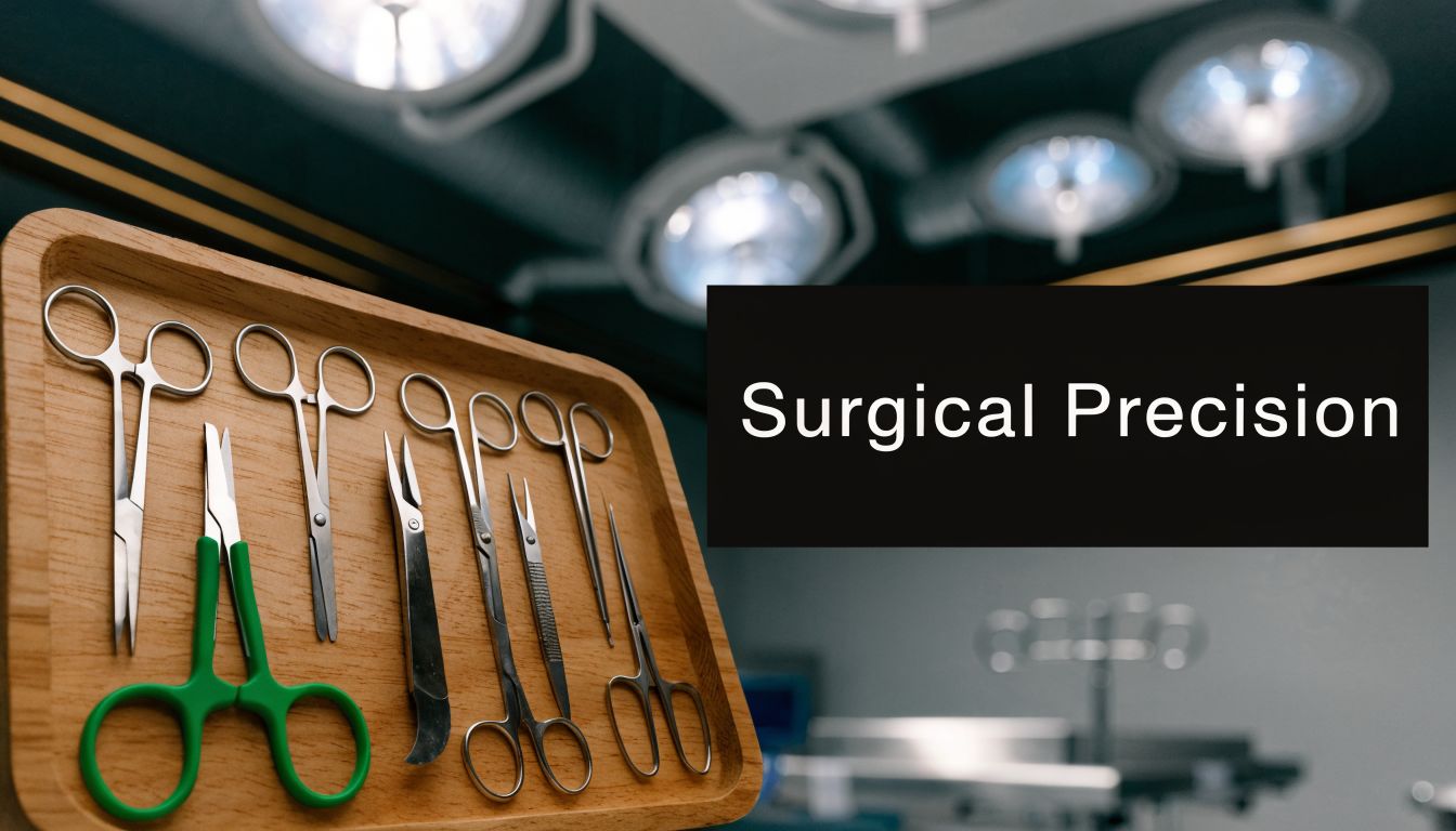 A wooden tray holding assorted stainless steel surgical tools and scissors for medical procedures in an operating room.