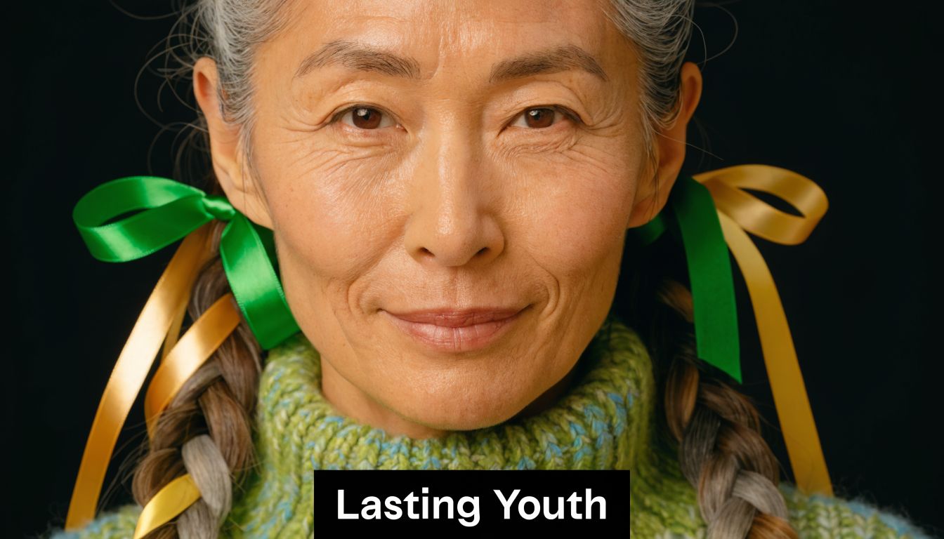A smiling older woman with grey hair styled in braids featuring green and yellow ribbons against black.