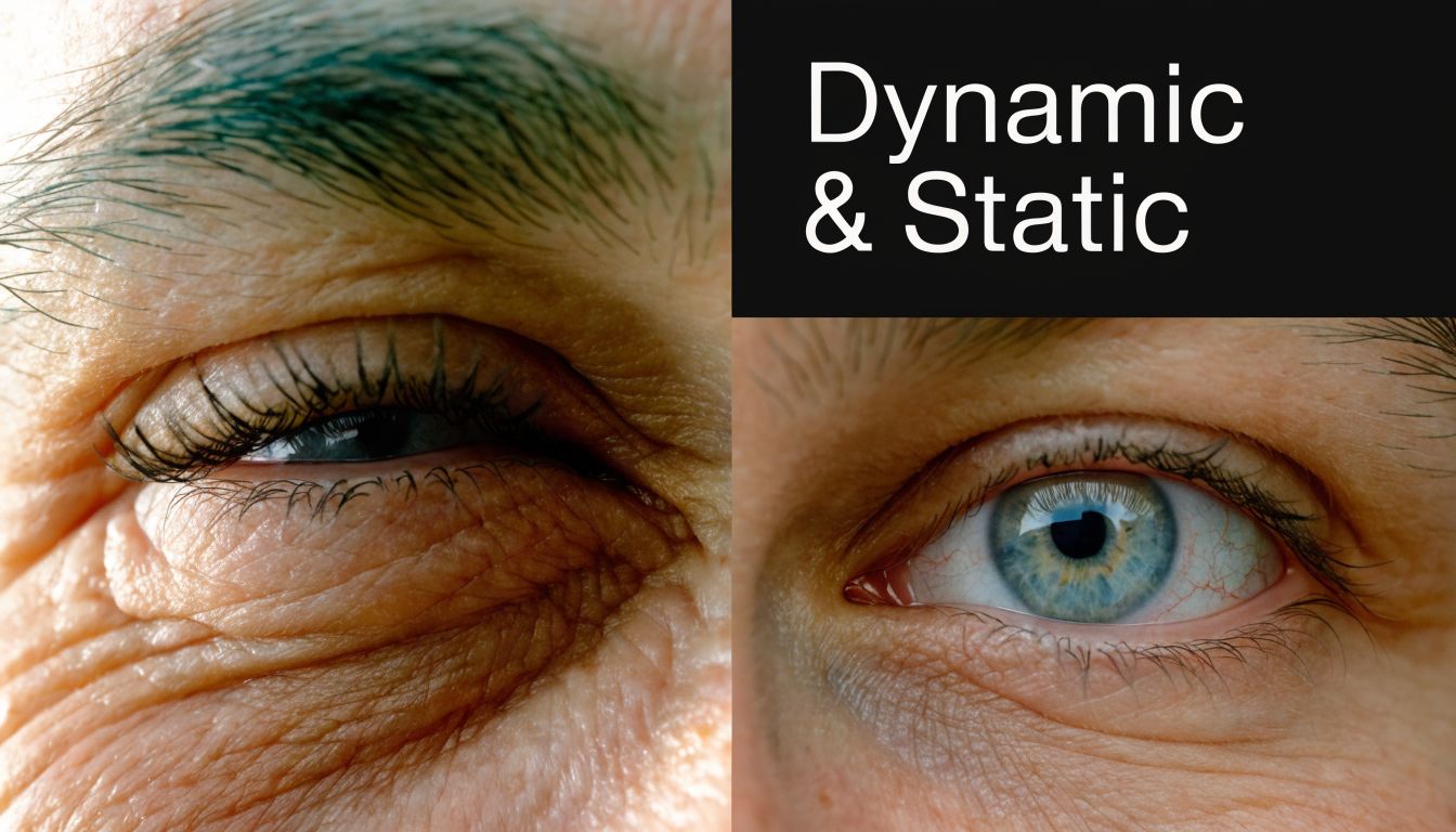 A split-screen comparison showing an older eye with deep wrinkles and a younger eye with smoother skin.