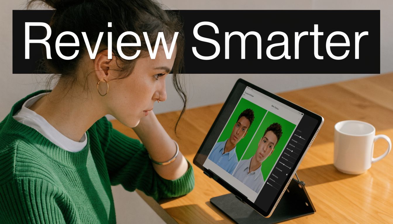 A woman reviewing digital facial photos on a tablet screen at a wooden desk with coffee.