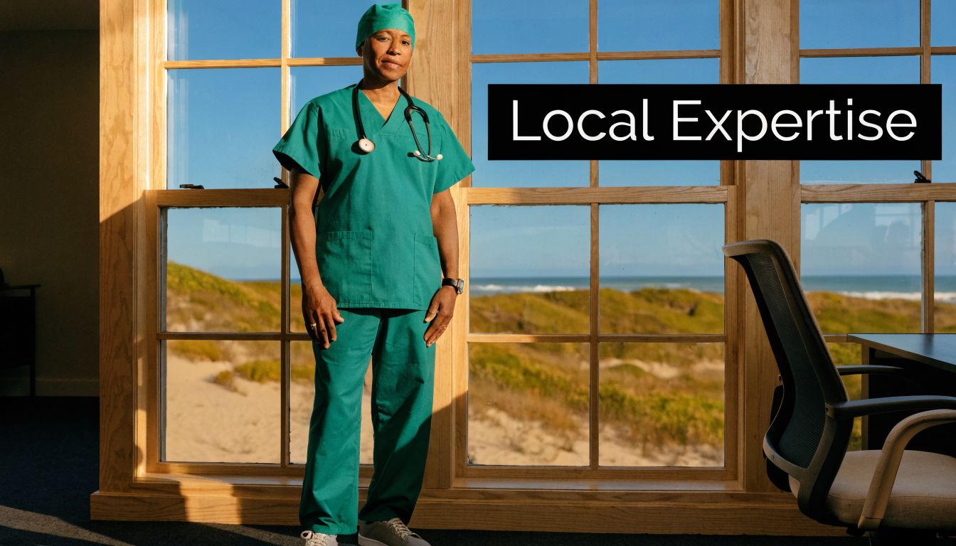 A professional doctor in green scrubs standing in an office with a coastal view.