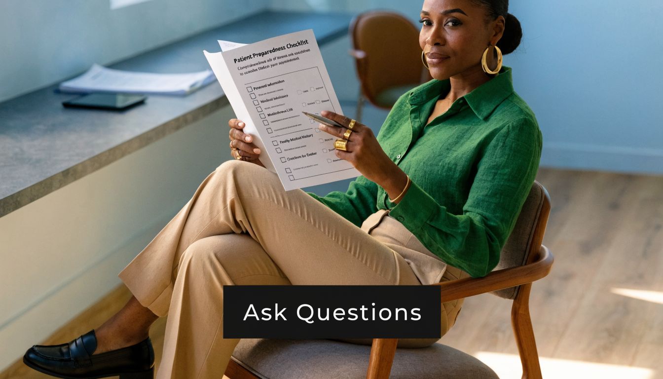 A professional woman in a green shirt holding a patient preparedness checklist while sitting in an office.
