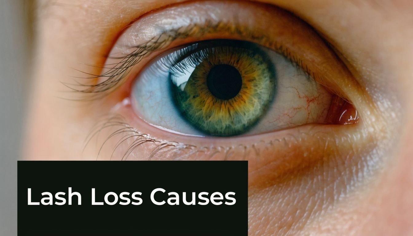 A close-up view of a green human eye with visible eyelashes to illustrate lash loss causes.