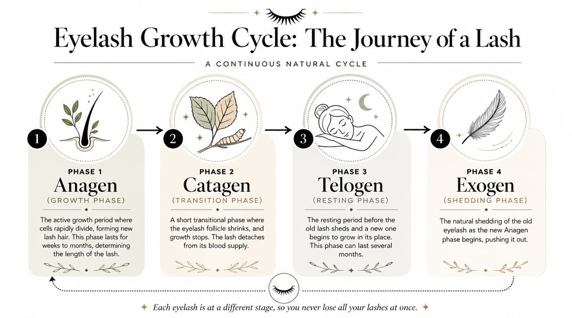 A diagram illustrating the four phases of the human eyelash growth cycle, including anagen, catagen, telogen, and exogen.