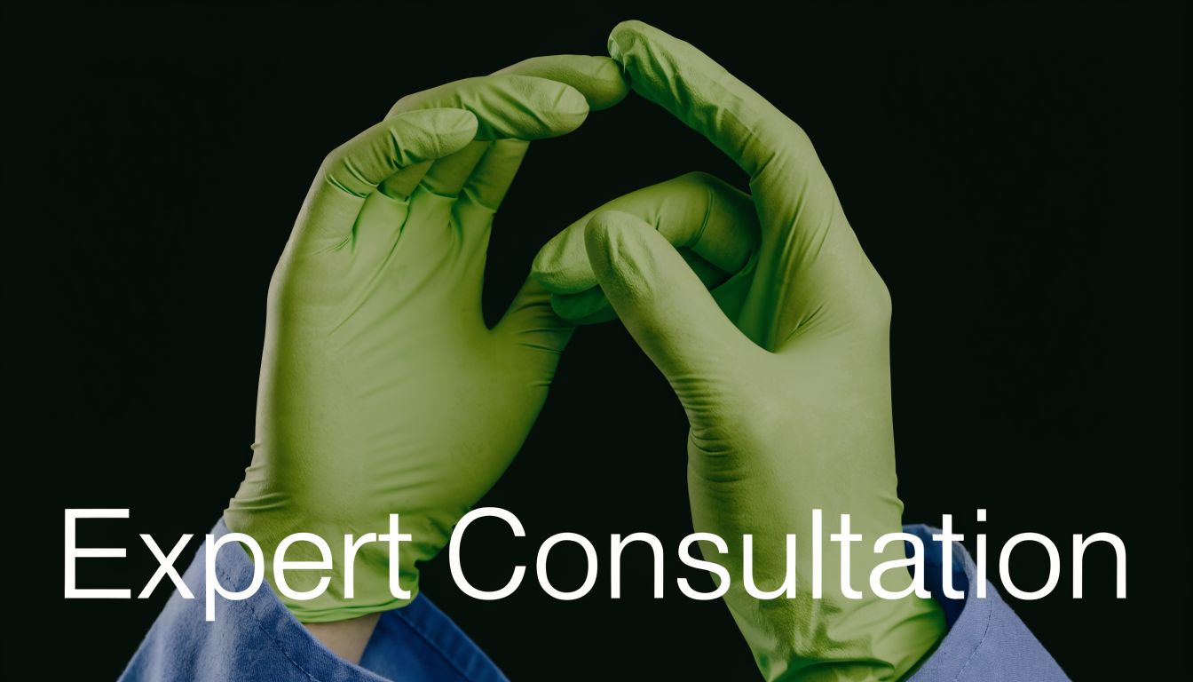 A close-up of a healthcare professional wearing green medical gloves against a solid black background.