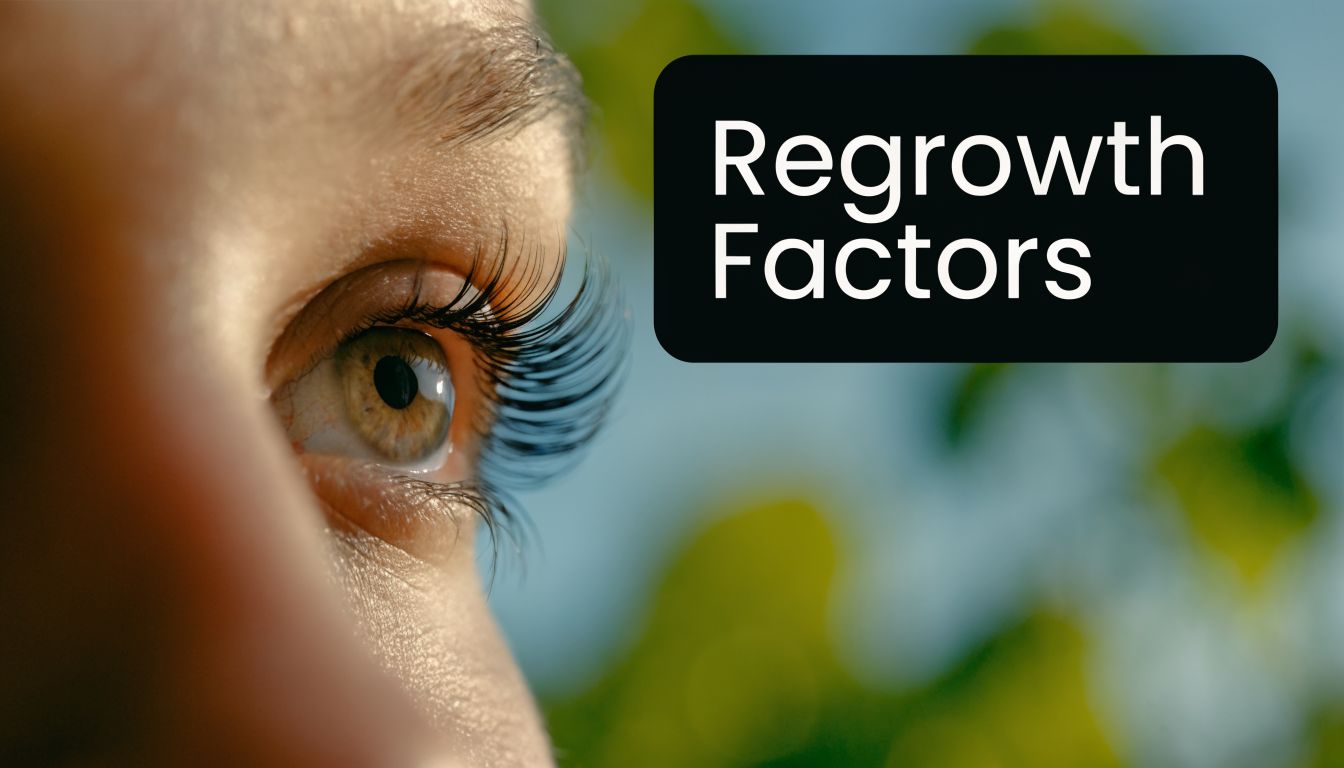 A close-up of a human eye with long lashes against a blurred nature background with text overlay.