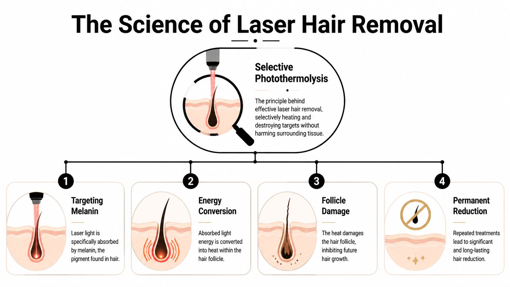 A diagram explaining the scientific principle of laser hair removal via selective photothermolysis in four simple steps.