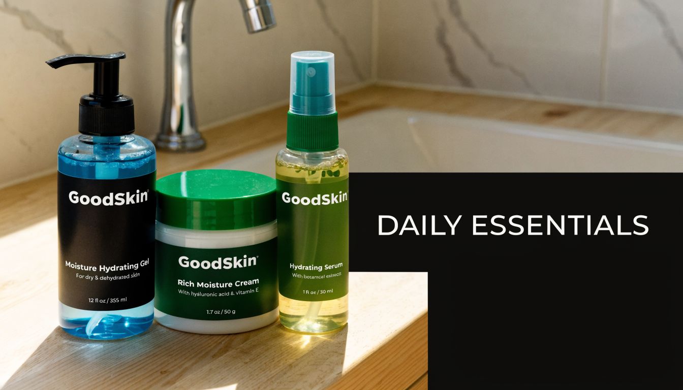 Three GoodSkin skincare products, including a moisturizing gel, cream, and serum, arranged on a bathroom counter.