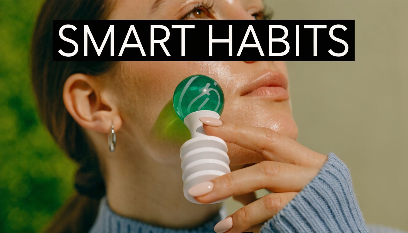 A young woman uses a green facial massage globe on her cheek as part of skincare routine.