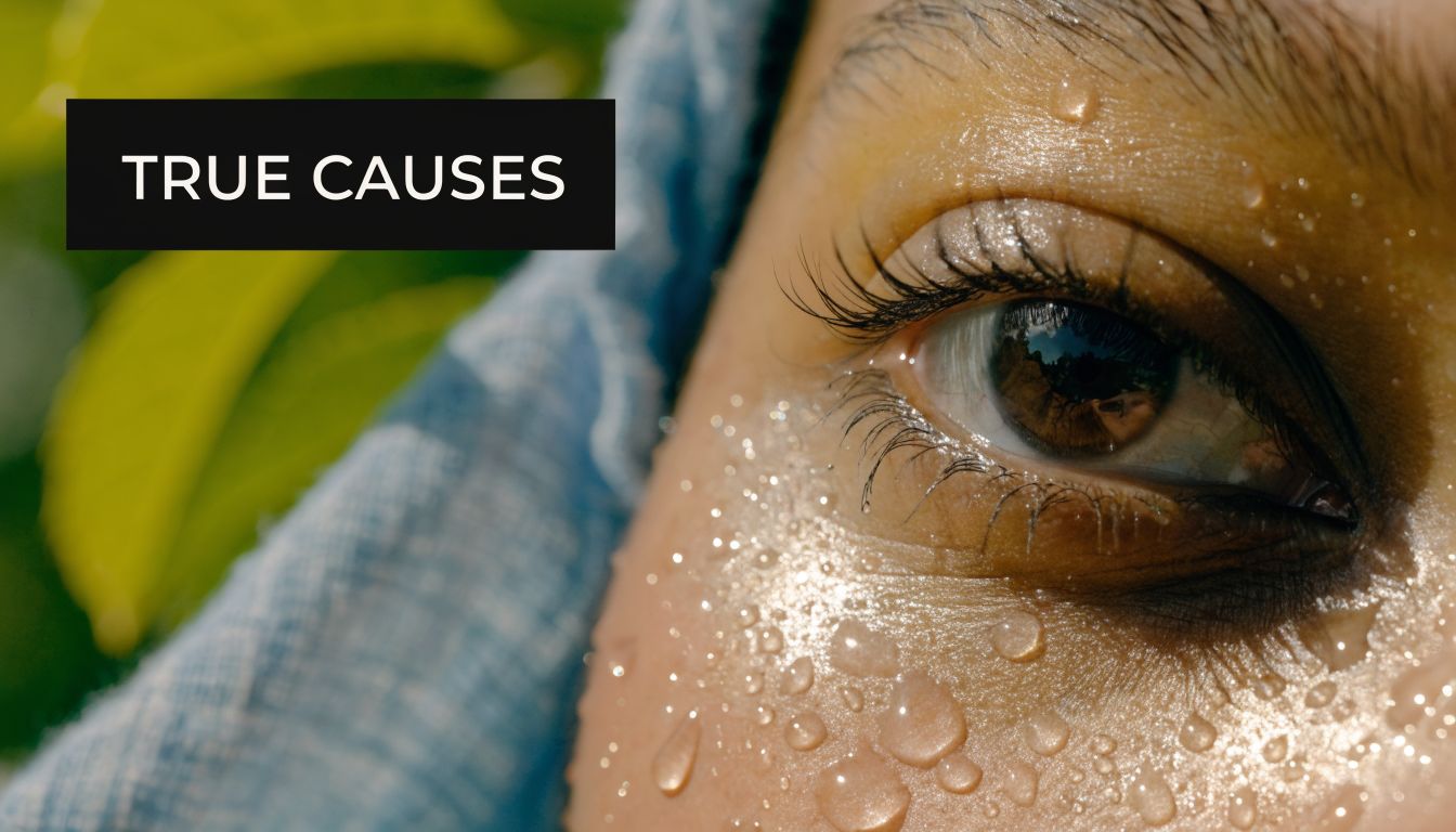 Close up of a woman's face with dewy skin and water droplets near her eye