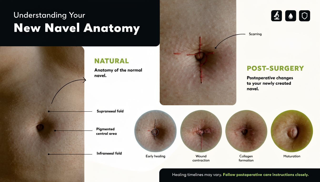 An educational infographic illustrating the natural navel anatomy and postoperative healing stages of a surgical belly button.