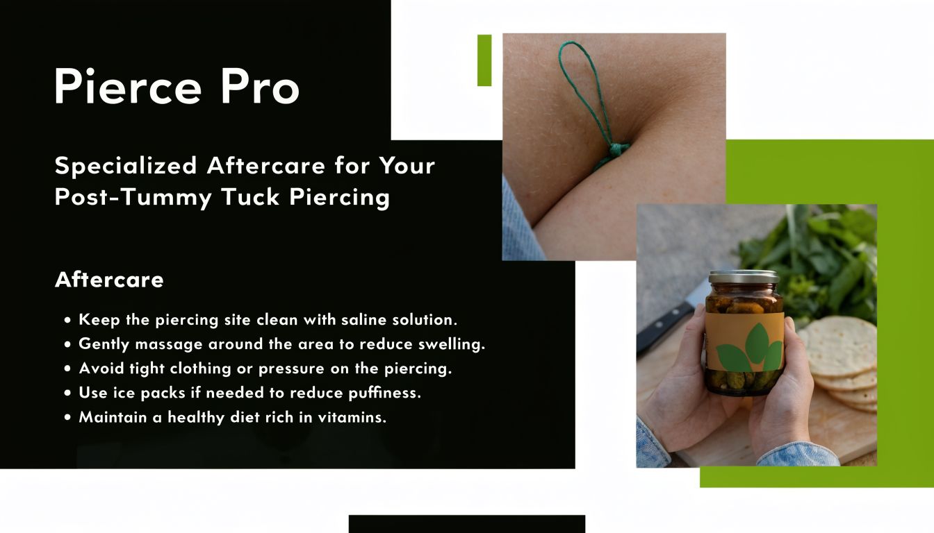 Informational graphic about Pierce Pro aftercare tips for a post-tummy tuck belly button piercing.