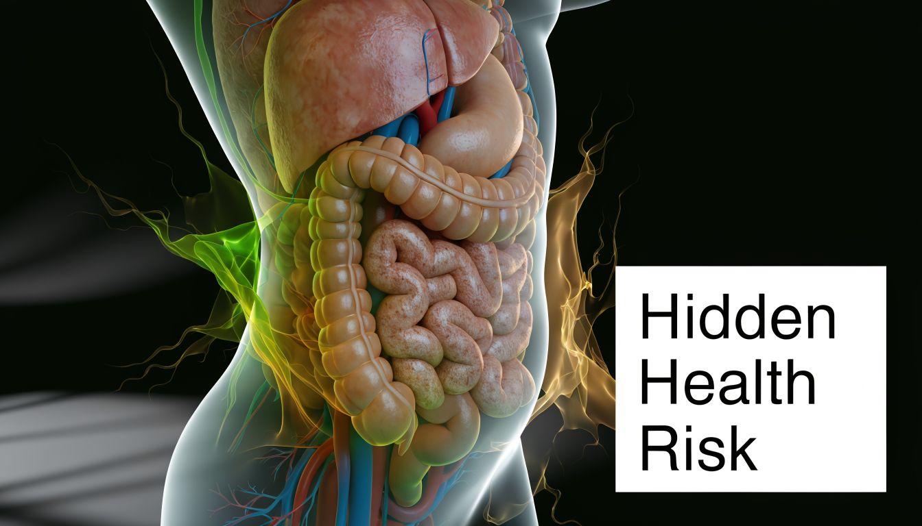 A 3D medical visualization of human abdominal organs with text overlay reading Hidden Health Risk.