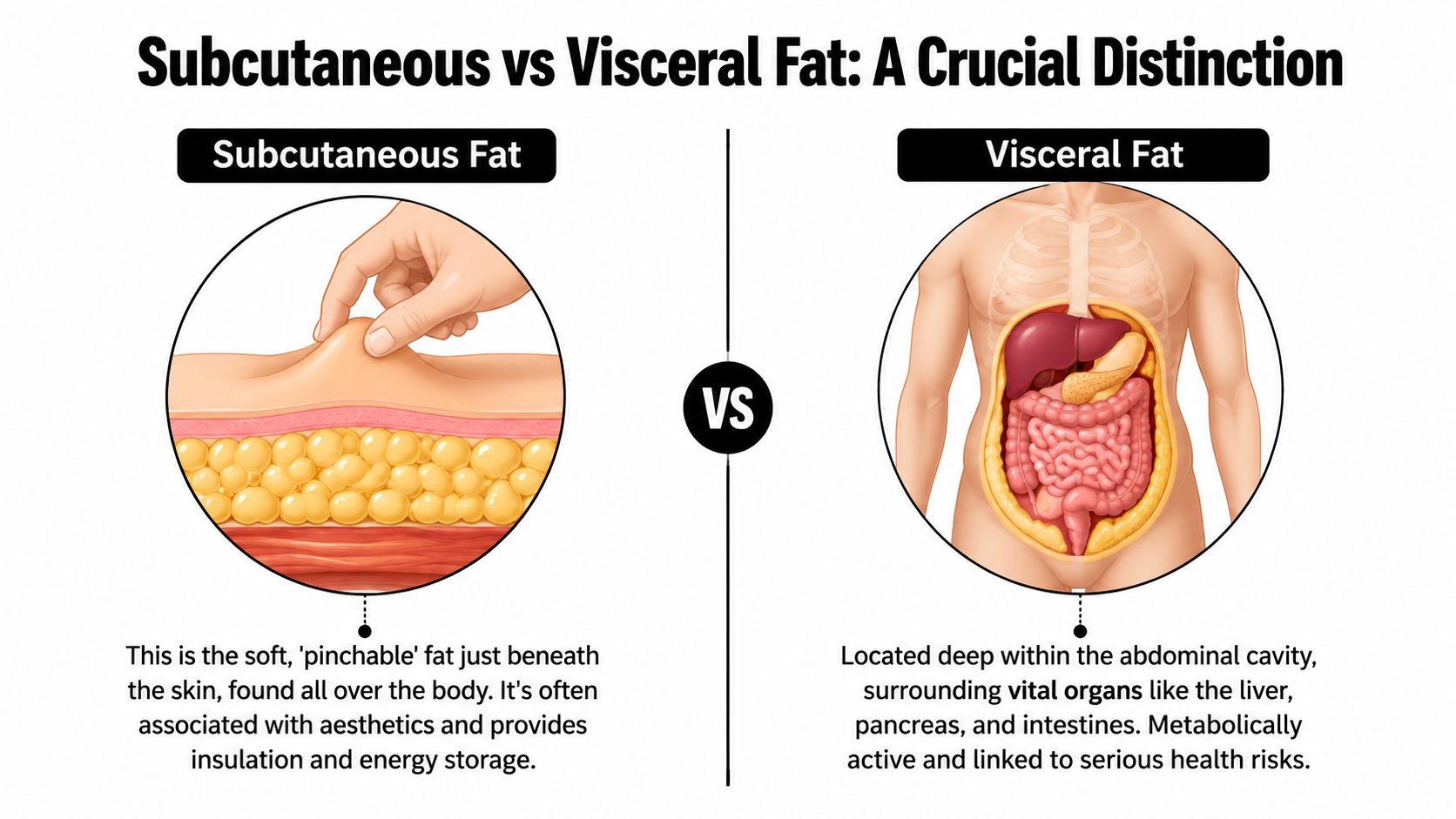 A diagram comparing subcutaneous fat, which is pinchable under the skin, with deep visceral fat surrounding organs.