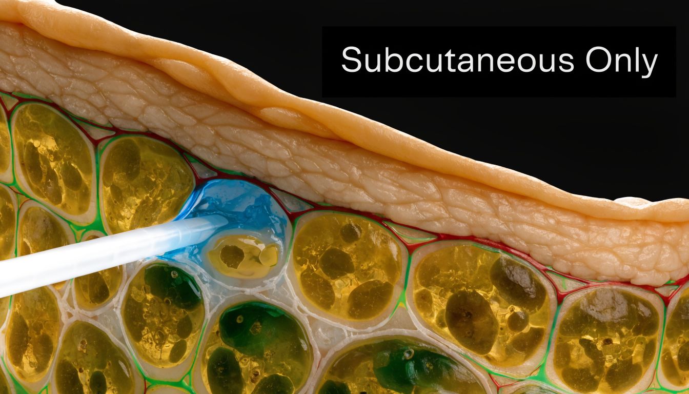 A diagram illustrating a subcutaneous injection into fatty tissue, depicted with clear anatomical layers.