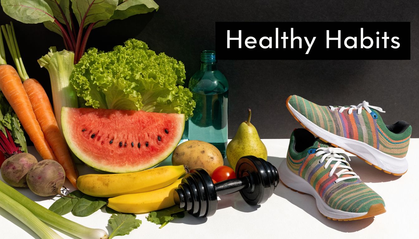 A healthy lifestyle display featuring fresh vegetables, fruits, water, a dumbbell, and colorful athletic sneakers.
