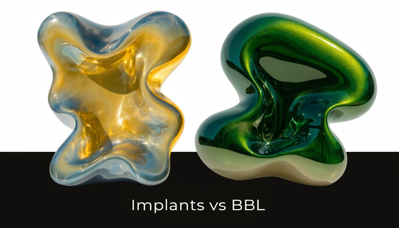 Two abstract 3D sculptures in gold and green representing a visual comparison of implants versus BBL.