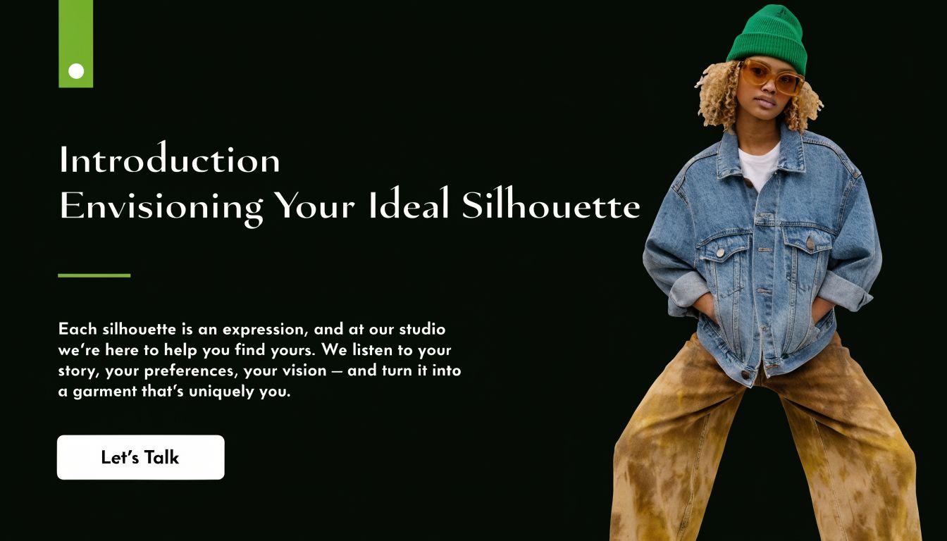 A fashion model wearing a denim jacket and tie-dye pants posing for a custom design studio.