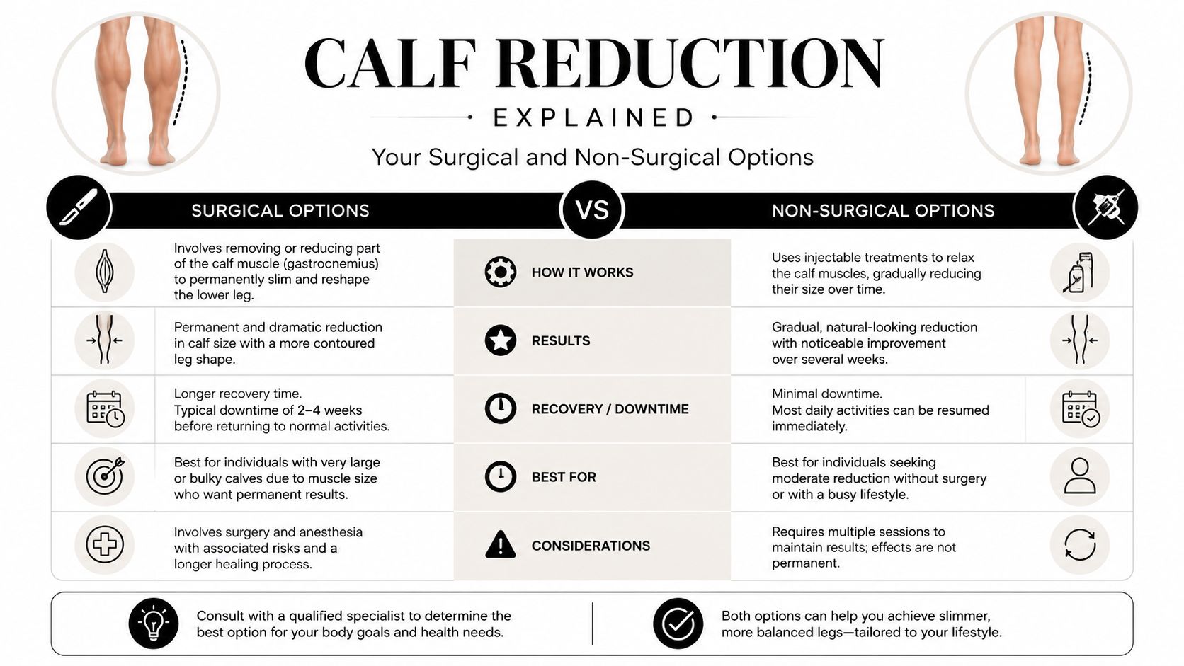 A comparison chart outlining the key differences between surgical and non-surgical calf reduction procedures for slimming legs.