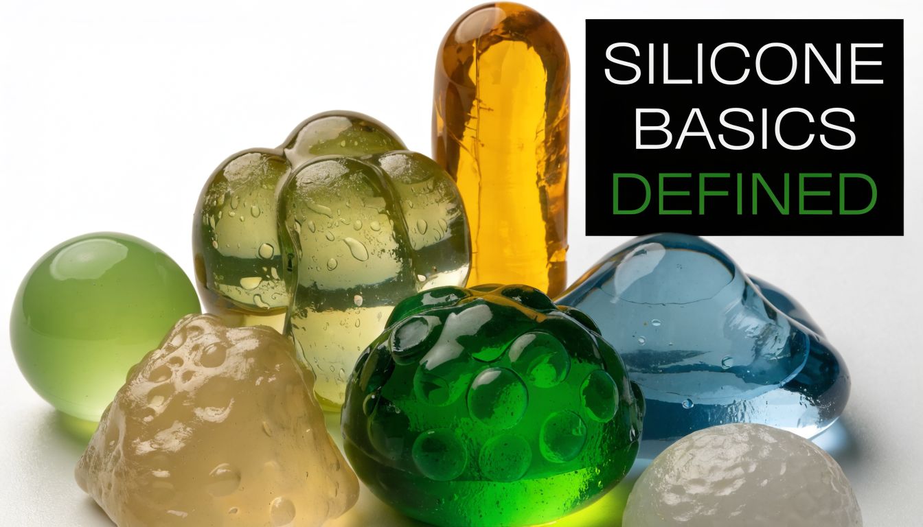 A collection of colorful, translucent silicone shapes and objects displayed against a clean white background.