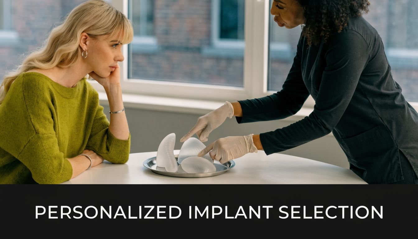 A patient in a medical consultation discussing breast implant options with her plastic surgeon at a clinic.