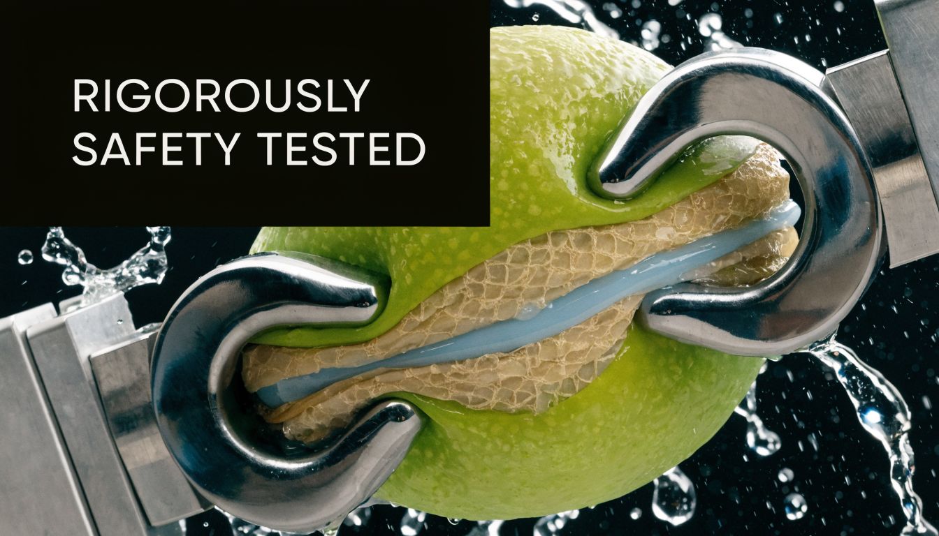 A conceptual image showing a metal hook pulling on a green apple containing a blue silicone implant.