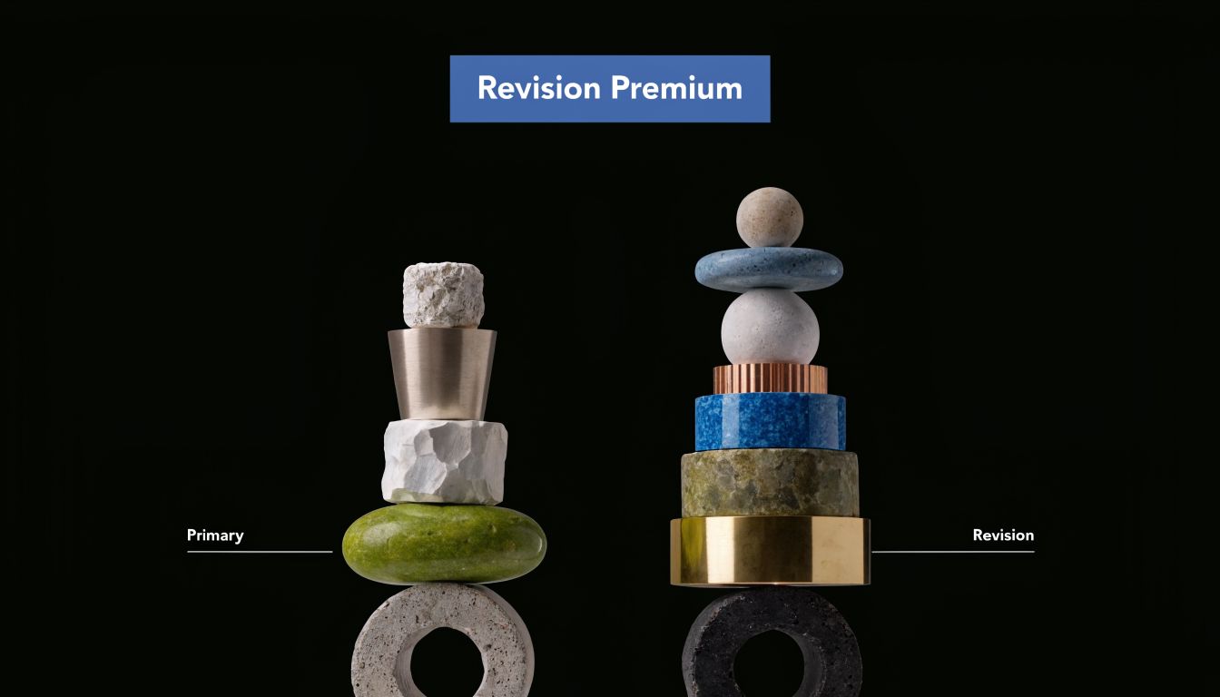 Two vertical stacks of balanced stone and metal objects representing primary and revision surgery stages.