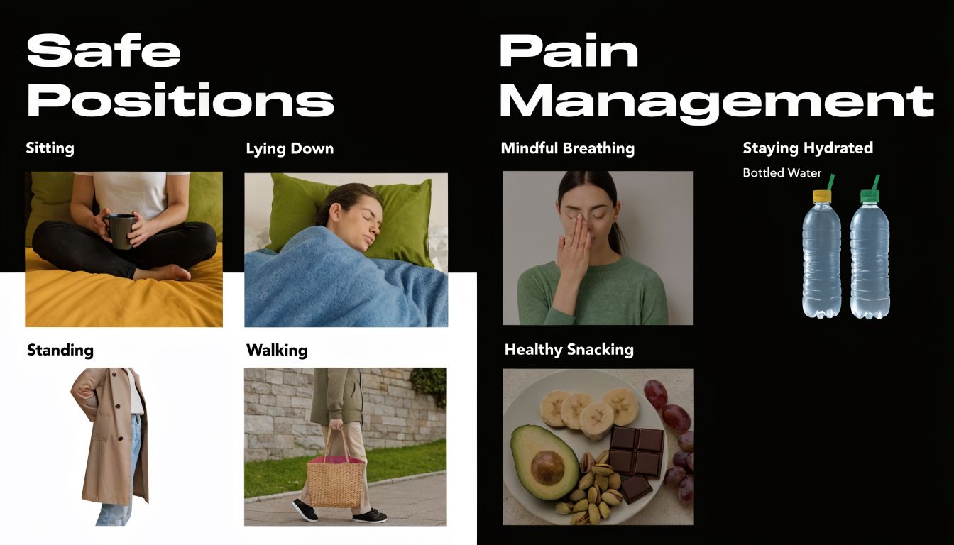 An infographic displaying safe body positions and pain management tips for post-operative recovery, including resting and hydration.