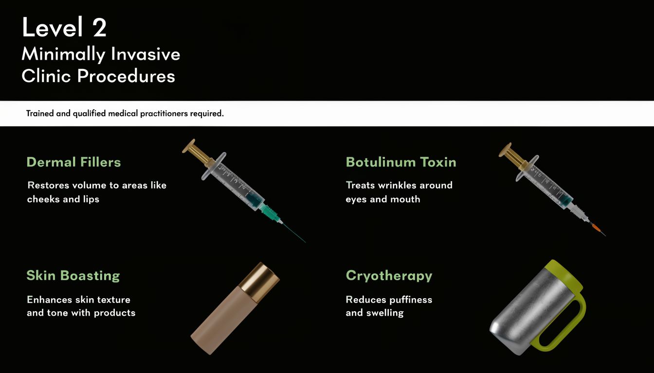 A list of minimally invasive clinical skin procedures including dermal fillers, botulinum toxin, skin boosting, and cryotherapy.