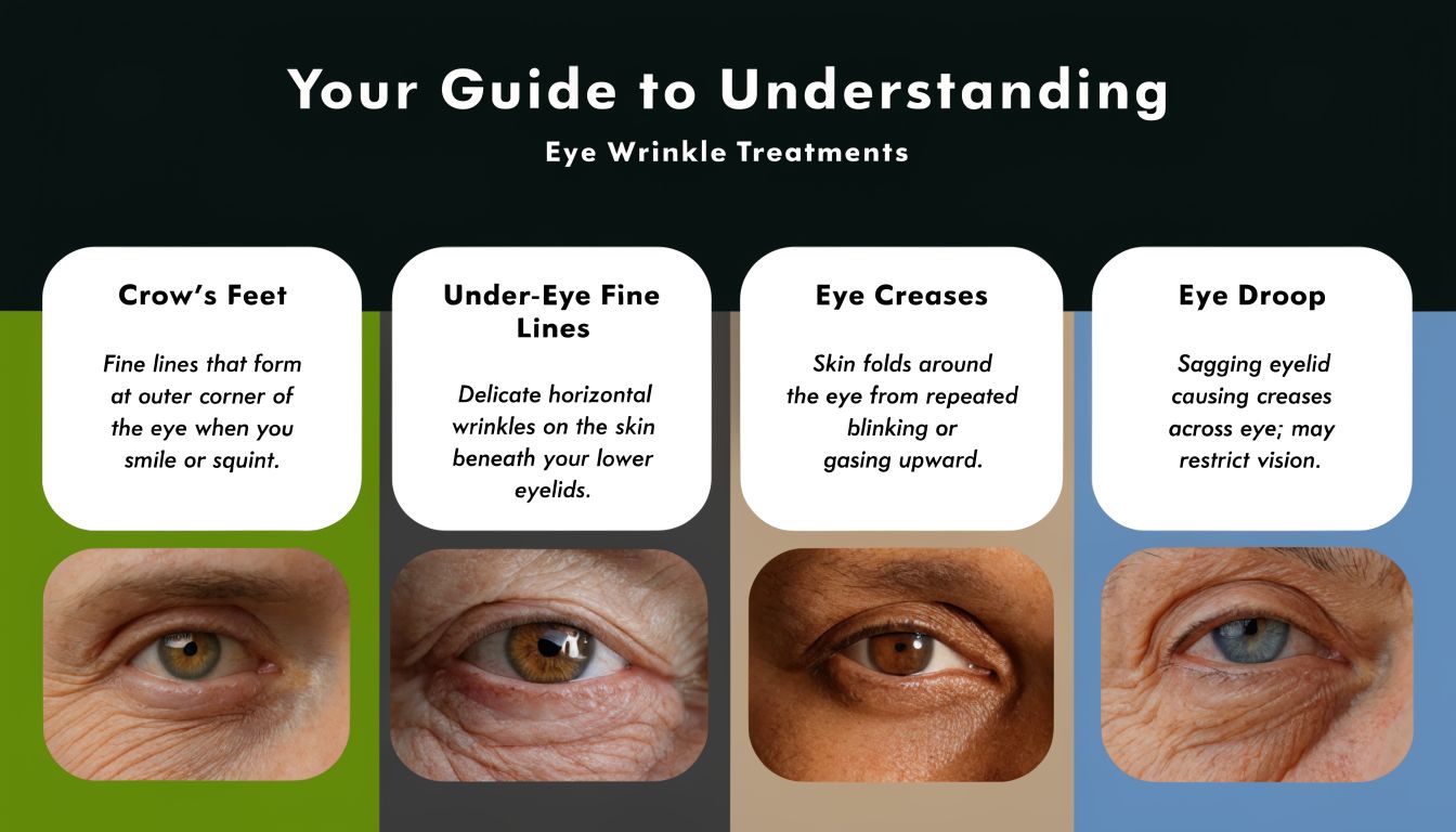 A descriptive infographic showing four types of eye wrinkles with accompanying medical images and explanations.