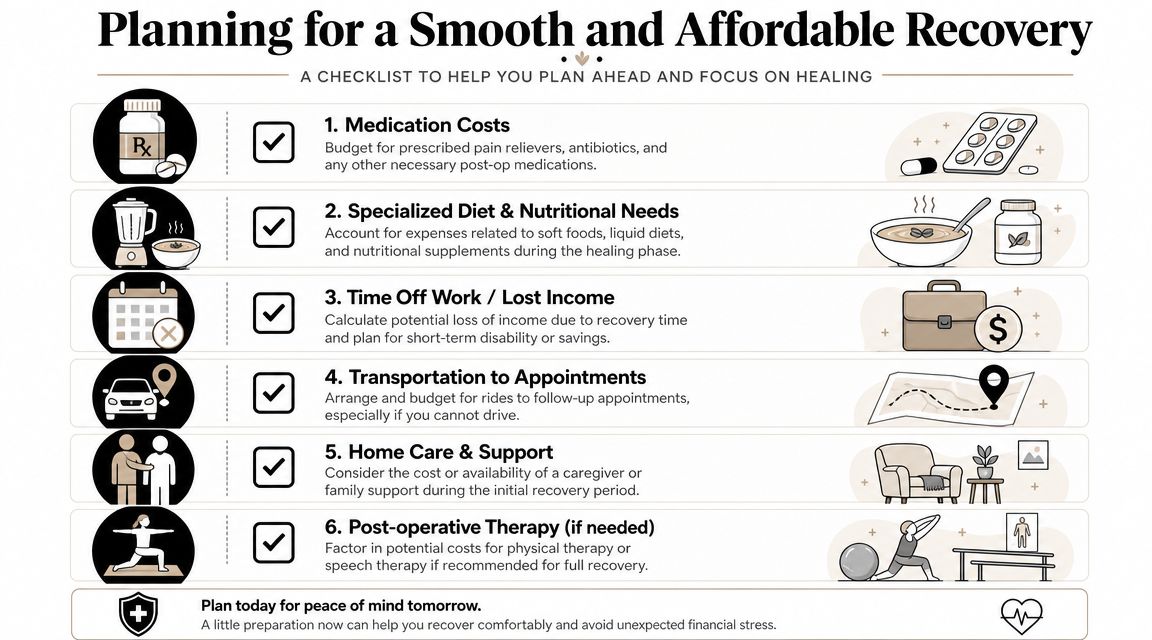 A checklist infographic outlining financial planning considerations for a smooth and affordable post-operative medical recovery.