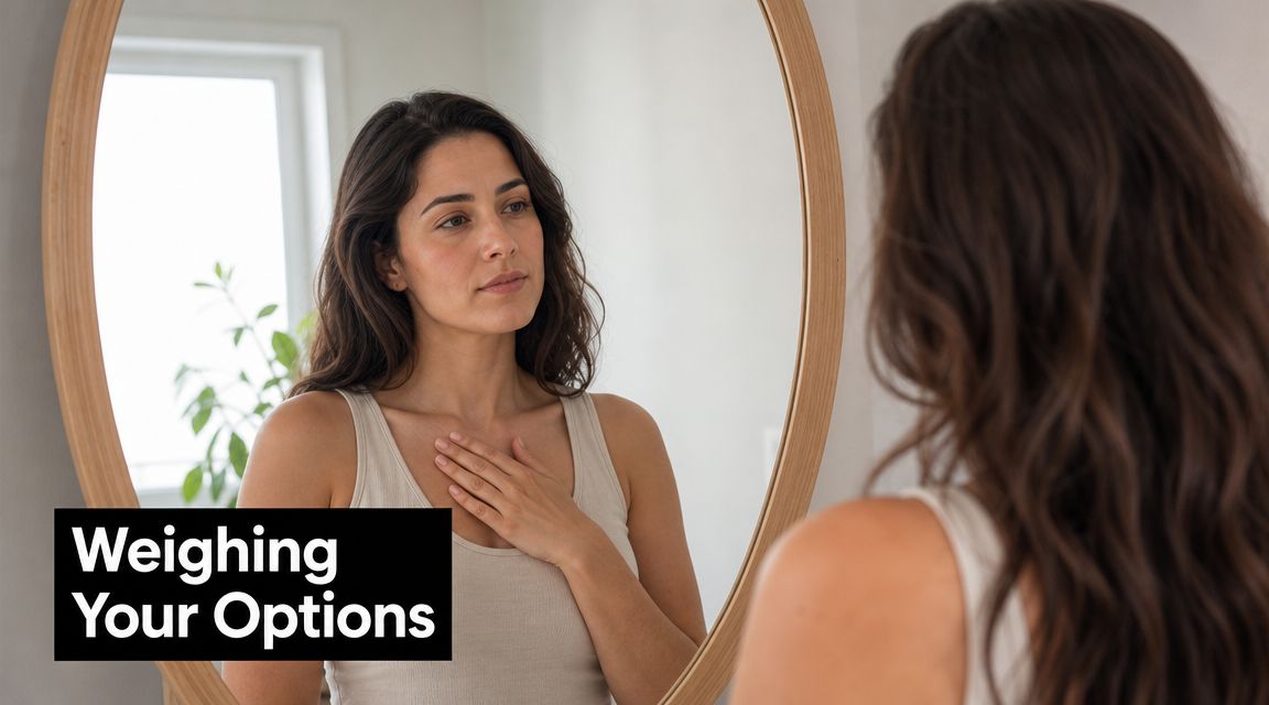 A woman looks at her reflection in a circular mirror while gently touching her chest area.
