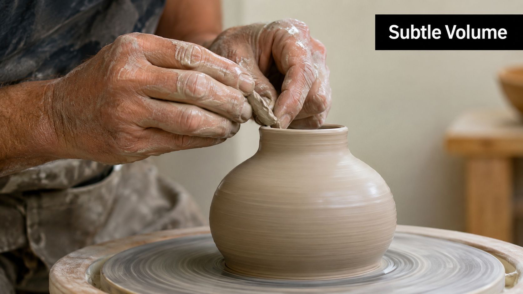 A skilled potter's hands gently shaping a smooth clay vase on a rotating pottery wheel in studio.