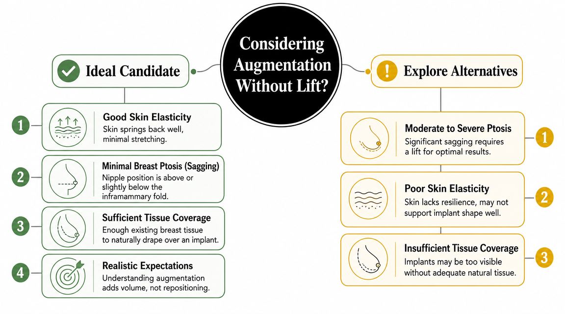 A flow chart outlining criteria for breast augmentation without a lift, highlighting ideal candidates versus potential alternatives.