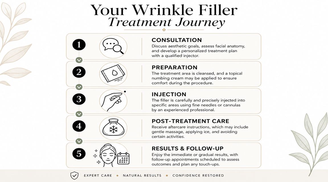 A five-step infographic showing the patient journey for a wrinkle filler treatment from consultation to follow-up.