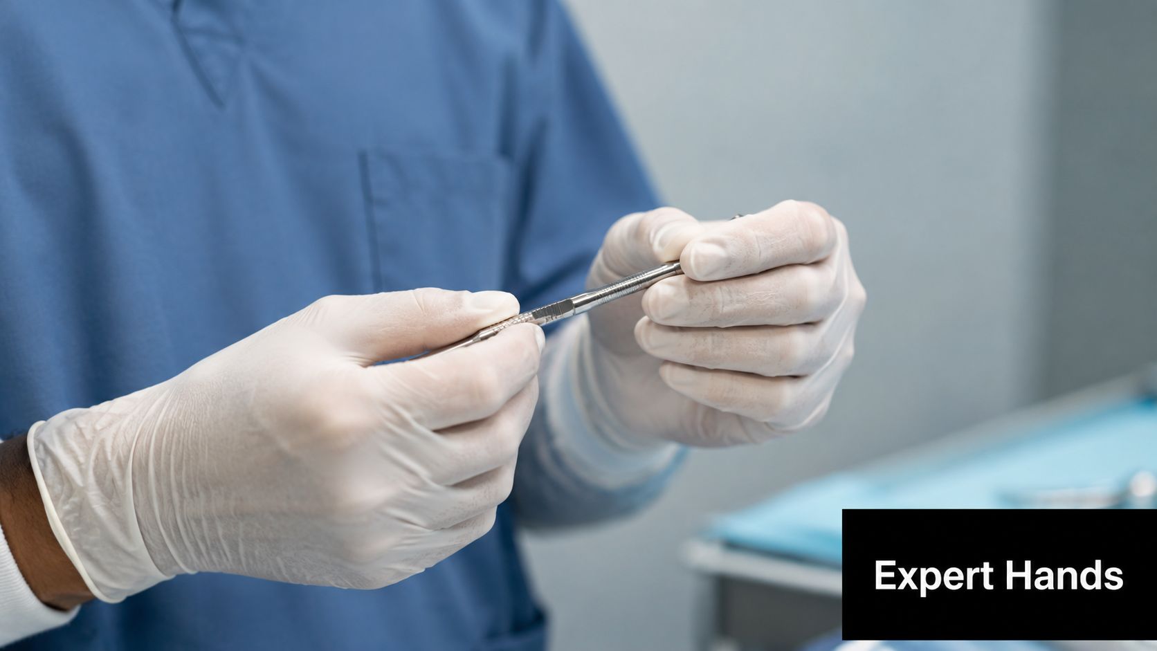 A medical professional wearing white latex gloves holding a specialized surgical tool in a clinical setting.