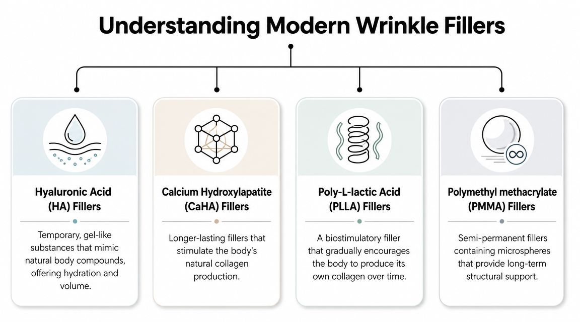 An infographic titled Understanding Modern Wrinkle Fillers outlining four common types of cosmetic dermal injections.
