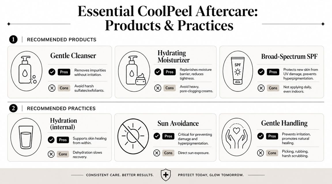 An infographic detailing recommended products and practices for essential CoolPeel aftercare to ensure healthy skin recovery.