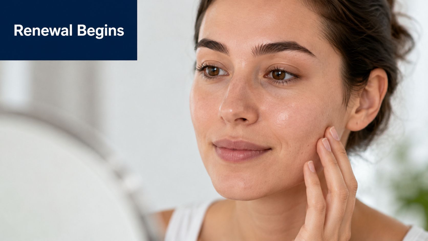 A woman observing her healthy skin in a mirror, representing recovery after professional skin treatments.