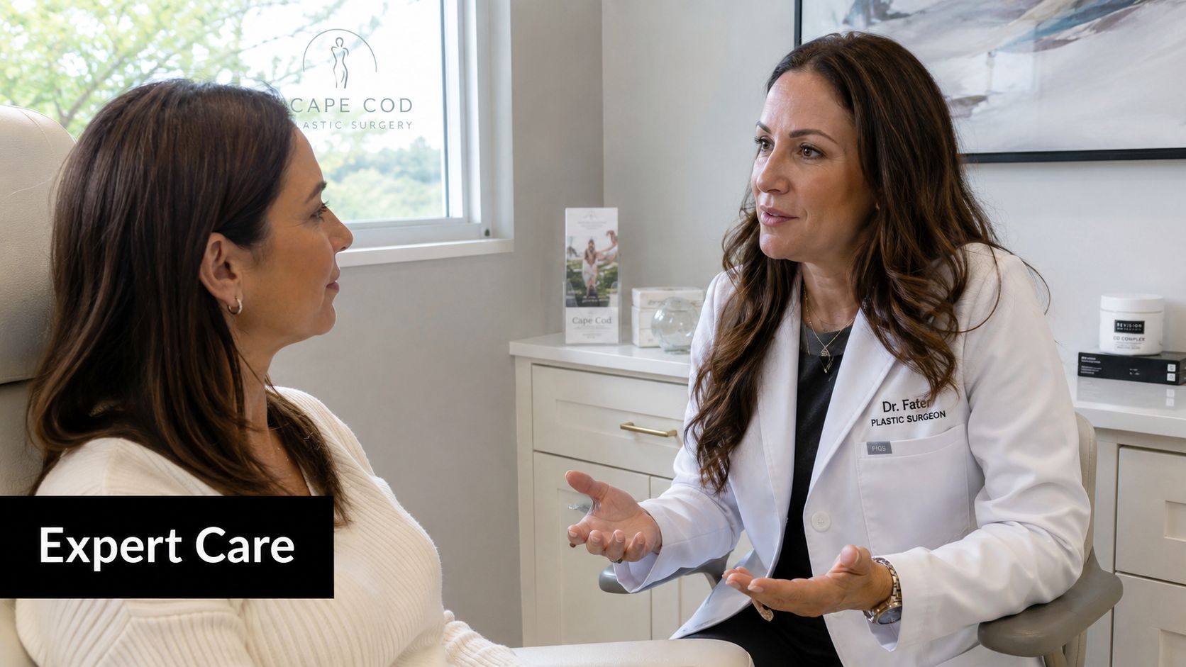 A female plastic surgeon consulting with a patient in a professional office setting at Cape Cod Plastic Surgery.