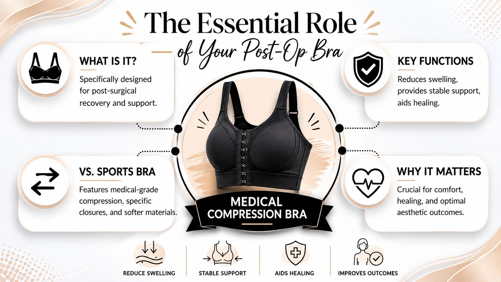 An infographic detailing the benefits and essential features of a black post-operative medical compression bra.